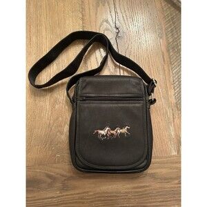 Horses Embroidered Black Messenger Crossbody Bag Equestrian Adjustable Strap